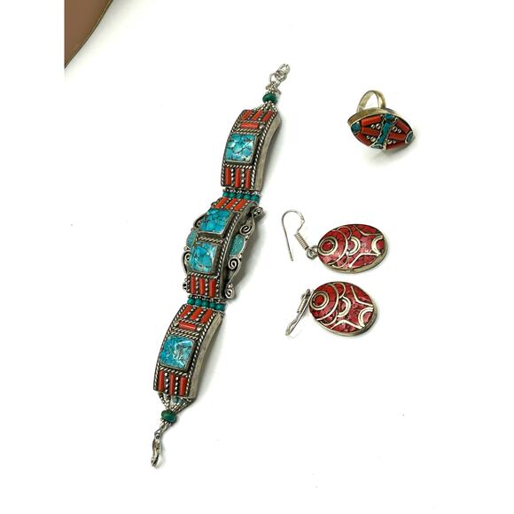 Tibetan Silver Turquoise Coral Set Bracelet Ring Earrings Adjustable - Picture 1 of 8